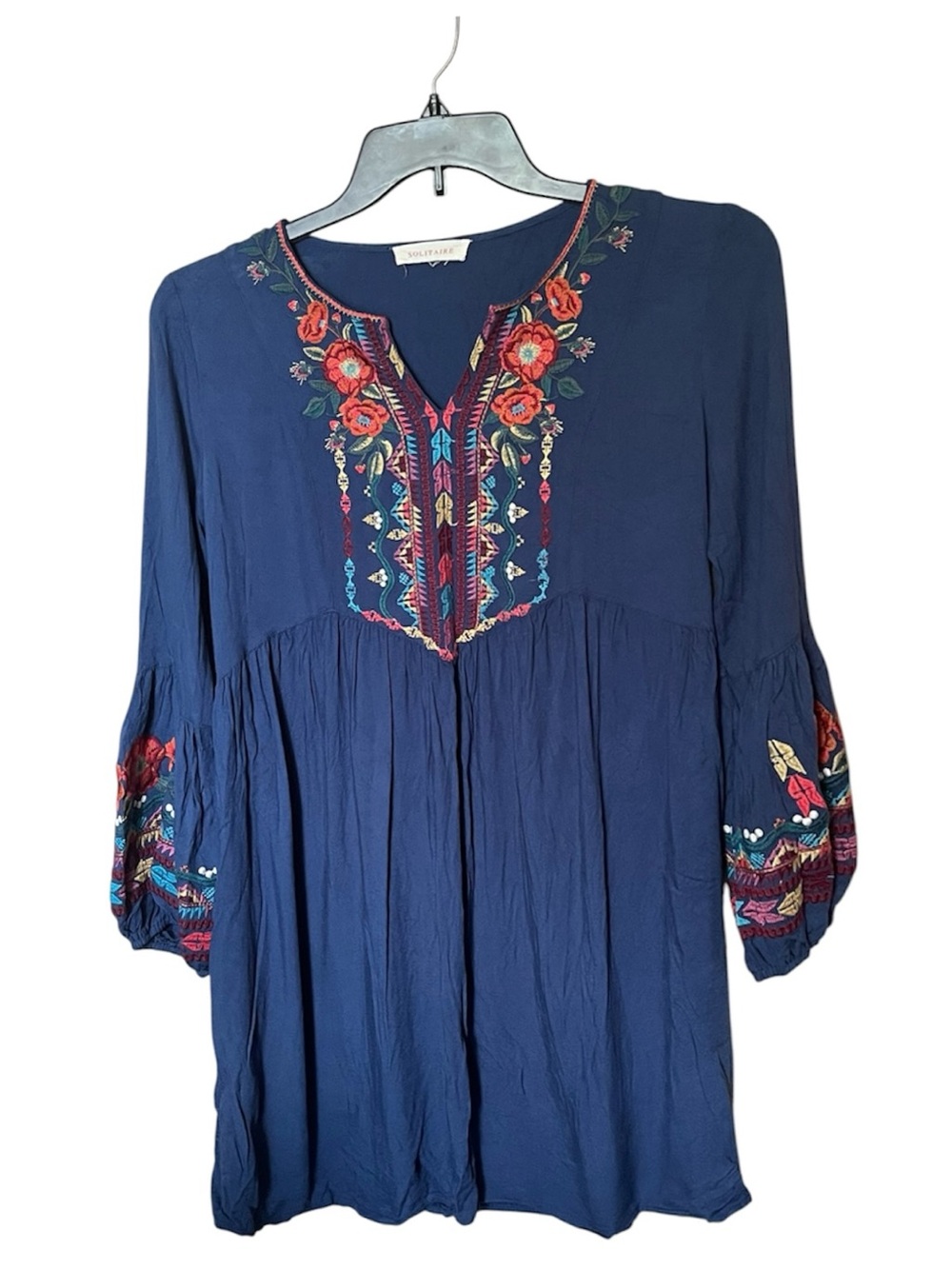 Anthropologie Solitaire Embroidered Blue Long Sleeve Tunic Dress Size Medium
